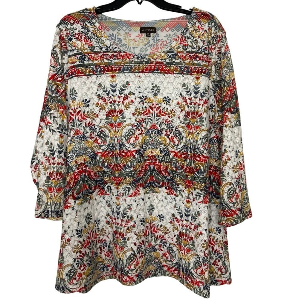 Multiples Vibrant Multi Color Floral Crochet Overlay Summer Top Size 1X